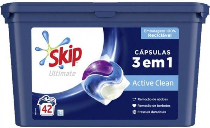 Embalagem com 42 triplecápsulas de detergente de roupa para máquina Skip Ultimate Higiene