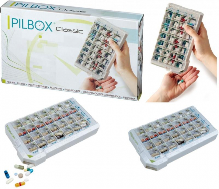 Caixa organizadora de medicação semanal com compartimentos diários para 4 tomas que quando pressionados dispensam os respectivos comprimidos 21x11,8x3cm Pilbox Classic