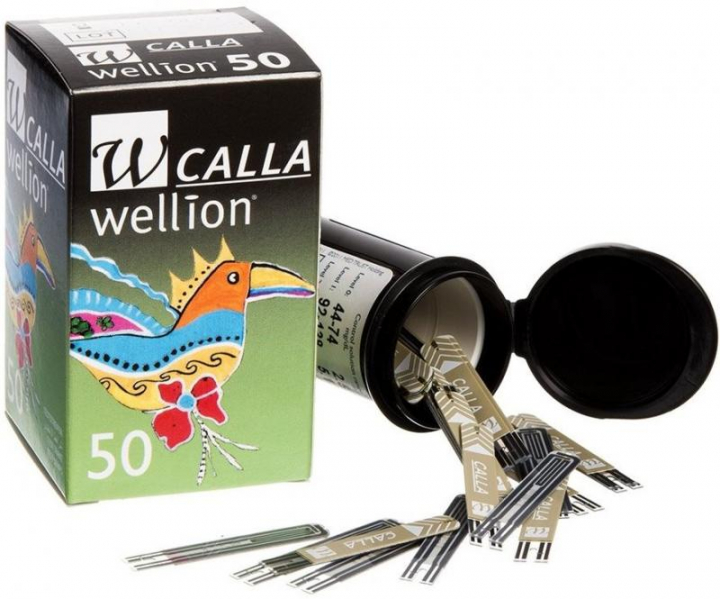 Embalagem com 50 tiras para diagnósctico de glicémia Wellion Calla Test Strips