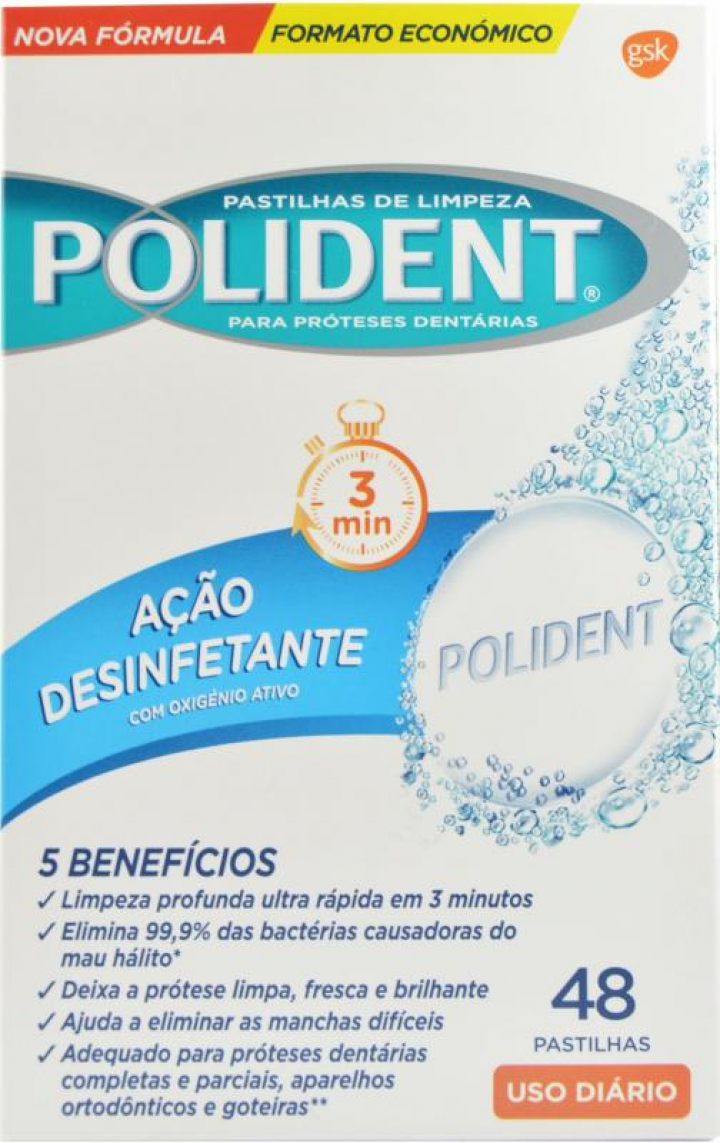 Embalagem com 48 pastilhas de limpeza para próteses dentárias efervescentes com ação desinfetante por oxigénio ativo Polident