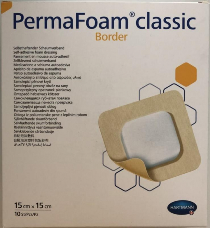 Penso de espuma hidrófila esterilizado em poliuretano adesivado com rebordo e grande capacidade de absorção de exsudado Permafoam Classic Border 15x15cm