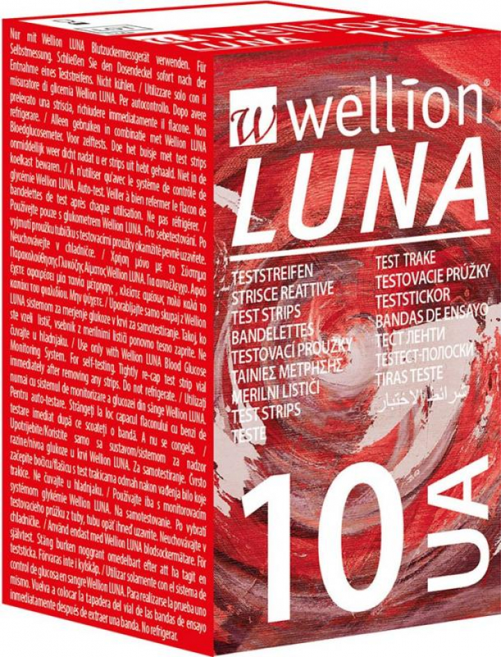 Embalagem com 10 tiras reactivas para diagnóstico de ácido úrico Wellion Luna