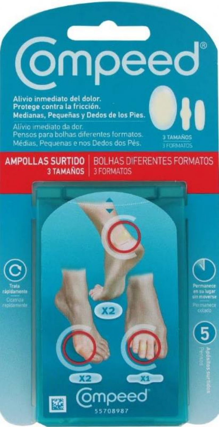 Embalagem com 5 pensos sortidos (3 tamanhos) para alívio das dores e rápida cicatrização das bolhas dos pés Compeed