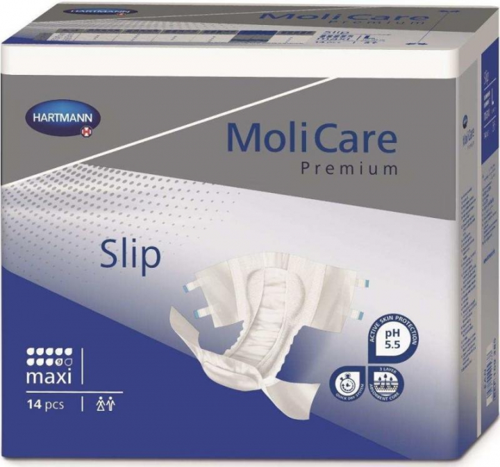 Embalagem com 14 fraldas descartáveis para incontinência muito grave adulta Molicare Premium Slip Maxi M (cor azul forte)