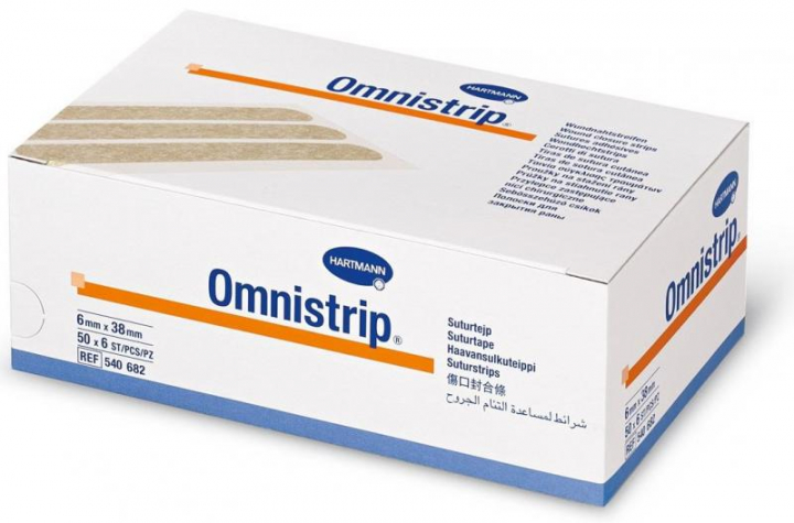Embalagem com 3 tiras de suturas cutâneas adesivas, flexíveis e extensíveis permeáveis ao ar e água Omnistrip 6x38mm